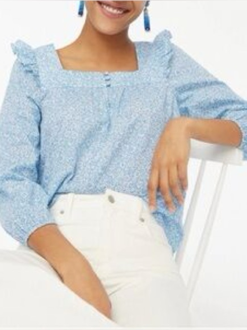 J Crew Factory Squareneck ruffle top puff sleeve blue cornflower white size S‎